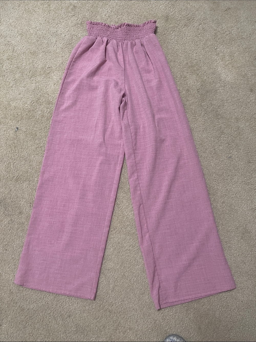 SHEIN Pink Smocked-Waist Wide Leg Pants